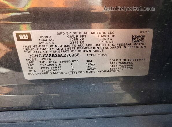 3GNCJMSB2GL278936 2016 CHEVROLET TRAX Серый Вид наклейки с VIN-кодом