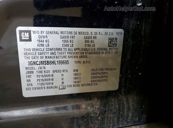 3GNCJMSB8HL189695 2017 CHEVROLET TRAX Black Vista de la etiqueta del VIN