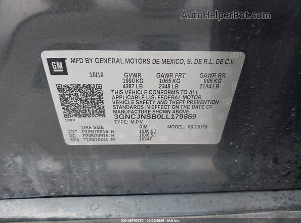 3GNCJNSB0LL179869 2020 CHEVROLET TRAX Gray Вид підкапотного простору