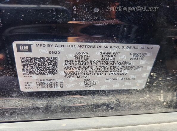 3GNCJNSB0LL292687 2020 CHEVROLET TRAX Черный Вид наклейки с VIN-кодом