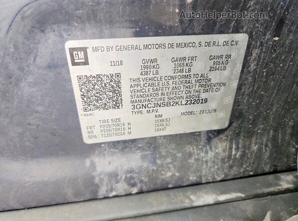 3GNCJNSB2KL232019 2019 CHEVROLET TRAX Blue Widok naklejki z numerem VIN
