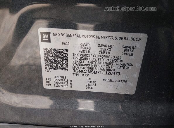 3GNCJNSB7LL126473 2020 CHEVROLET TRAX Gray Вид підкапотного простору
