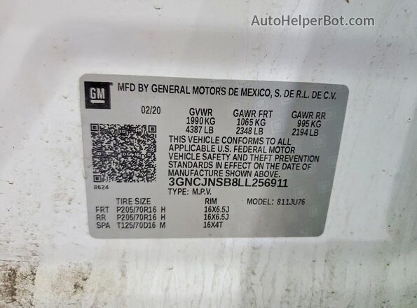 3GNCJNSB8LL256911 2020 CHEVROLET TRAX White Vista del compartimento del motor