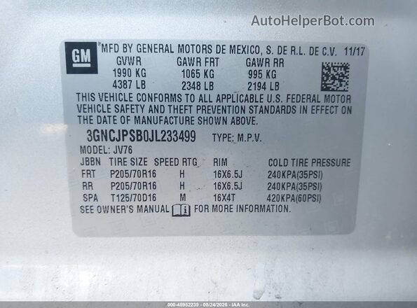3GNCJPSB0JL233499 2018 CHEVROLET TRAX Silver Вид підкапотного простору