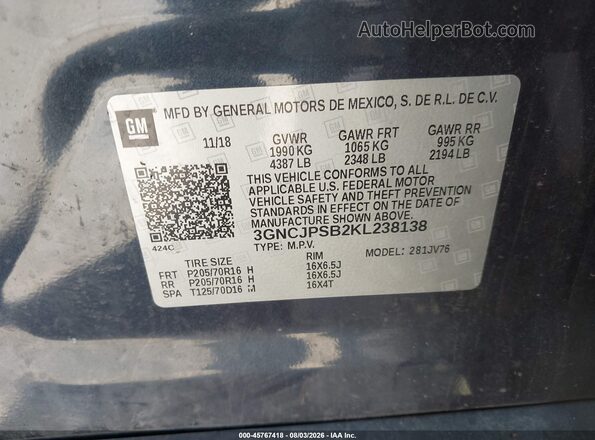 3GNCJPSB2KL238138 2019 CHEVROLET TRAX Blue Engine compartment view