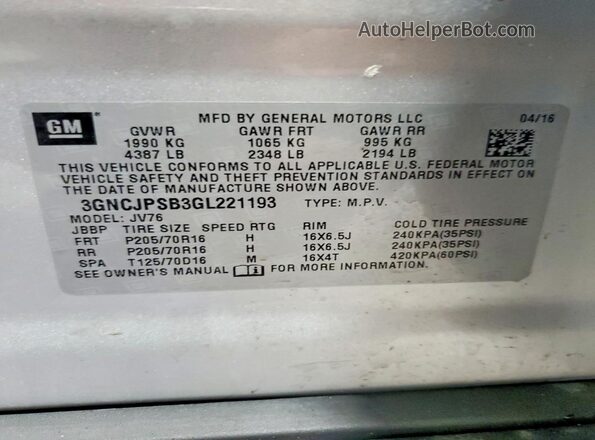 3GNCJPSB3GL221193 2016 CHEVROLET TRAX Серебряный Вид наклейки с VIN-кодом