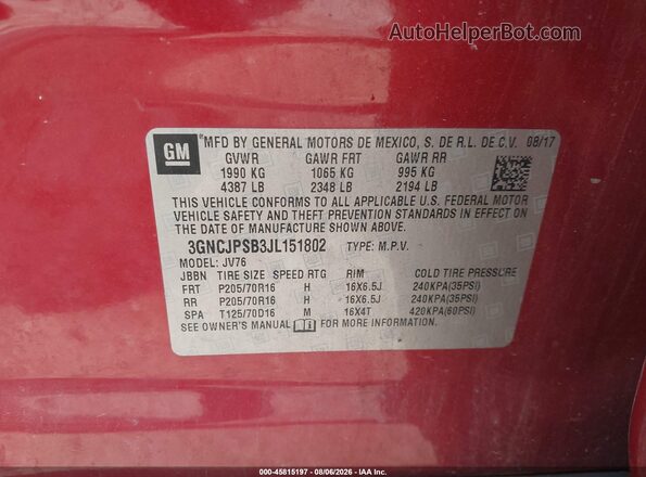 3GNCJPSB3JL151802 2018 CHEVROLET TRAX Burgundy Vista del compartimento del motor