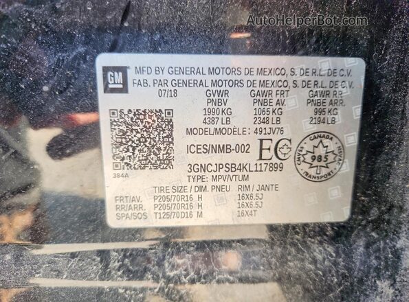 3GNCJPSB4KL117899 2019 CHEVROLET TRAX Black Vista de la etiqueta del VIN