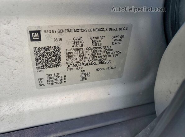 3GNCJPSB4KL385366 2019 CHEVROLET TRAX Silver VIN sticker view