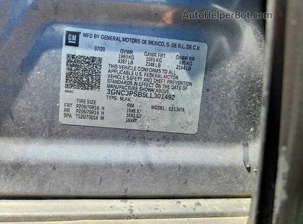 3GNCJPSB5LL301492 2020 CHEVROLET TRAX Gray Vista del compartimento del motor
