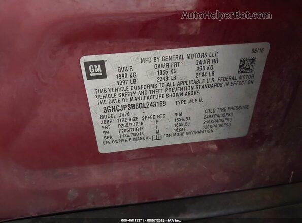 3GNCJPSB6GL243169 2016 CHEVROLET TRAX Red Շարժիչի բաժամունքի տեսք