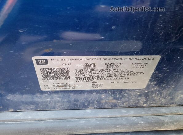 3GNCJPSB6LL112429 2020 CHEVROLET TRAX Blue VIN sticker view