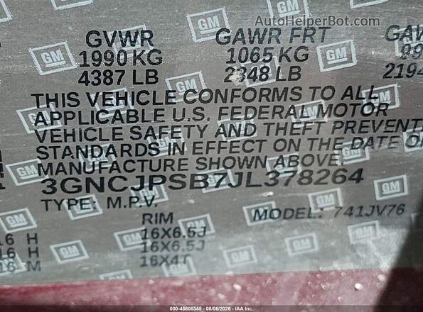 3GNCJPSB7JL378264 2018 CHEVROLET TRAX Бордовый Вид подкапотного пространства