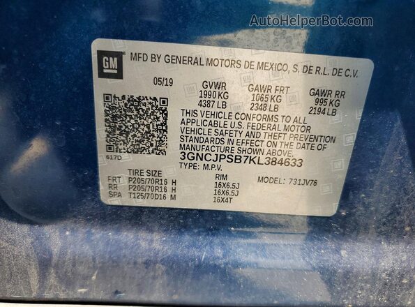 3GNCJPSB7KL384633 2019 CHEVROLET TRAX Blue VIN კოდის სტიკერის ხედი