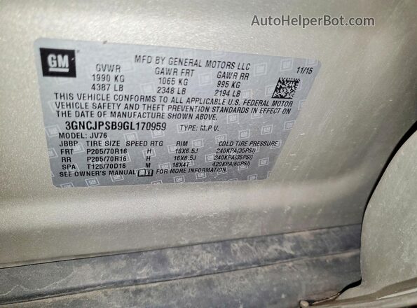 3GNCJPSB9GL170959 2016 CHEVROLET TRAX Silver VIN კოდის სტიკერის ხედი
