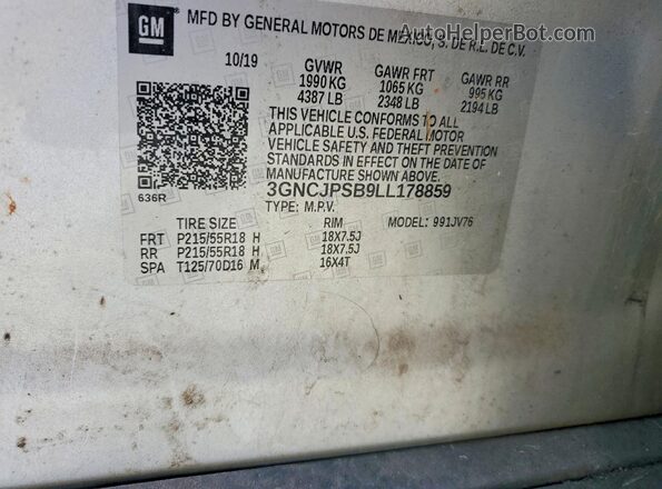 3GNCJPSB9LL178859 2020 CHEVROLET TRAX Серебряный Вид наклейки с VIN-кодом