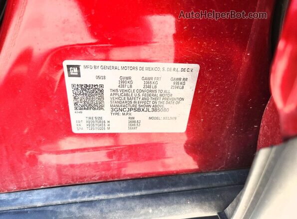 3GNCJPSBXJL385080 2018 CHEVROLET TRAX Burgundy Вид наклейки з VIN-кодом