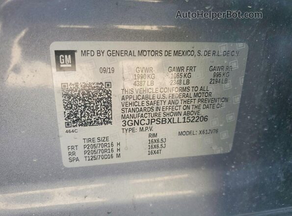 3GNCJPSBXLL152206 2020 CHEVROLET TRAX Charcoal VIN կոդի պիտակի տեսք