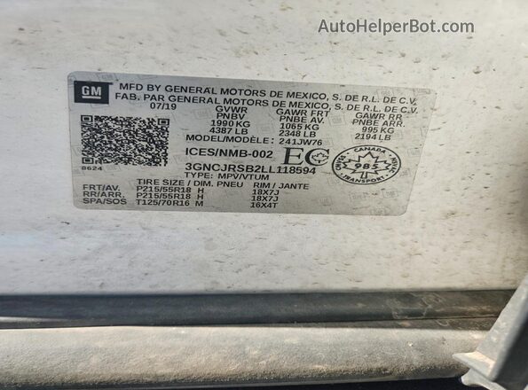 3GNCJRSB2LL118594 2020 CHEVROLET TRAX Белый Панорамный вид салона 360°