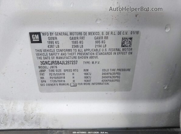 3GNCJRSB4JL287237 2018 CHEVROLET TRAX Silver Вид підкапотного простору
