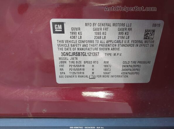 3GNCJRSB7GL121397 2016 CHEVROLET TRAX Red Շարժիչի բաժամունքի տեսք