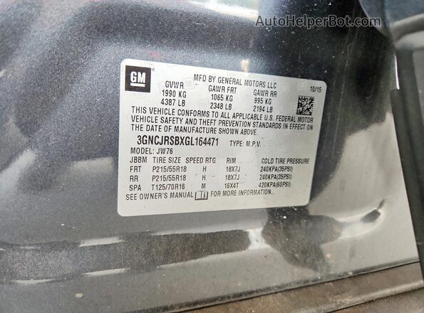 3GNCJRSBXGL164471 2016 CHEVROLET TRAX Gray Widok naklejki z numerem VIN