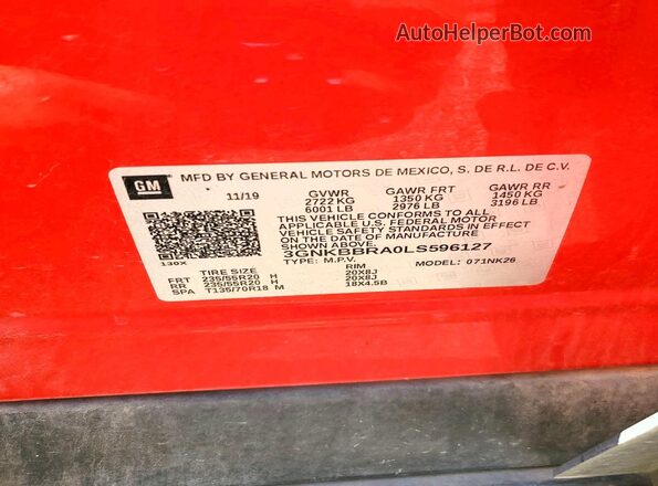 3GNKBBRA0LS596127 2020 CHEVROLET BLAZER Red Vista de la etiqueta del VIN