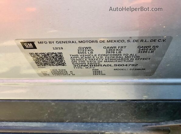 3GNKBBRA0LS604792 2020 CHEVROLET BLAZER Silver VIN sticker view