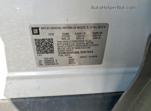 3GNKBBRA6LS597654 2020 CHEVROLET BLAZER Белый Вид наклейки с VIN-кодом