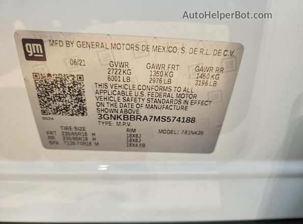 3GNKBBRA7MS574188 2021 CHEVROLET BLAZER Белый Панорамный вид салона 360°