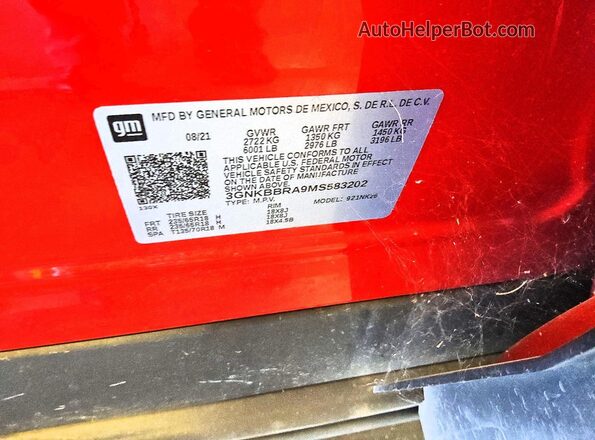 3GNKBBRA9MS583202 2021 CHEVROLET BLAZER Red Vista de la etiqueta del VIN