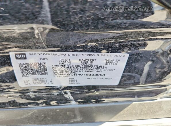 3GNKBCR40TS138958 2026 CHEVROLET BLAZER Black Widok naklejki z numerem VIN