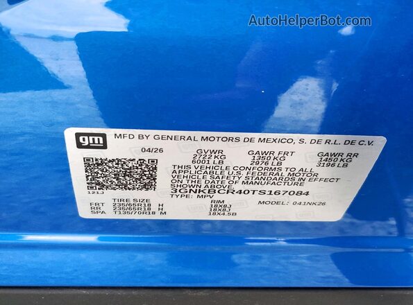 3GNKBCR40TS167084 2026 CHEVROLET BLAZER Blue VIN կոդի պիտակի տեսք