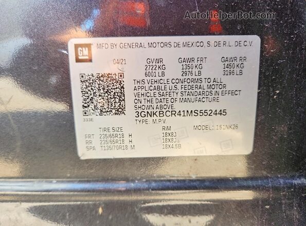 3GNKBCR41MS552445 2021 CHEVROLET BLAZER Gray VIN კოდის სტიკერის ხედი