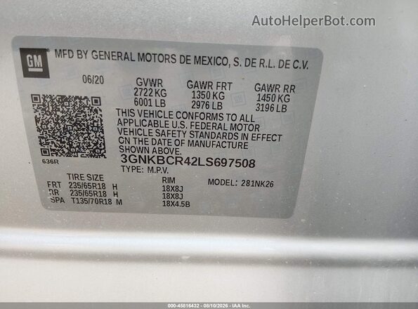 3GNKBCR42LS697508 2020 CHEVROLET BLAZER Silver Вид підкапотного простору