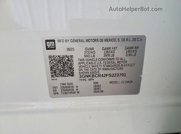 3GNKBCR42PS223791 2023 CHEVROLET BLAZER White VIN კოდის სტიკერის ხედი