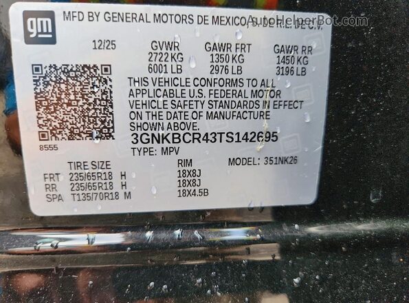 3GNKBCR43TS142695 2026 CHEVROLET BLAZER Black VIN կոդի պիտակի տեսք