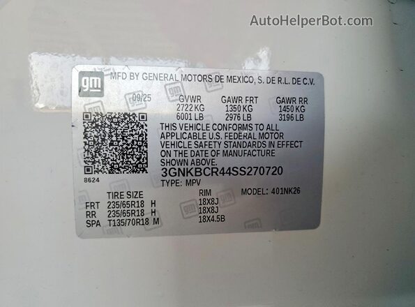 3GNKBCR44SS270720 2025 CHEVROLET BLAZER White Вид наклейки з VIN-кодом