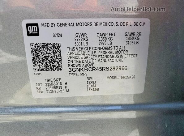 3GNKBCR45RS282966 2024 CHEVROLET BLAZER Серый Вид наклейки с VIN-кодом