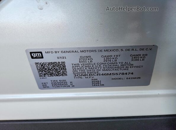 3GNKBCR46MS578474 2021 CHEVROLET BLAZER White 