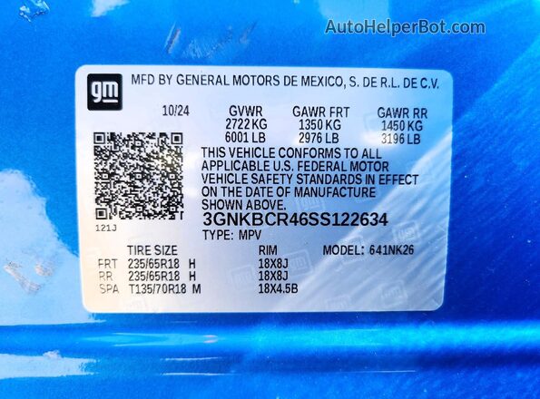 3GNKBCR46SS122634 2025 CHEVROLET BLAZER Blue VIN sticker view