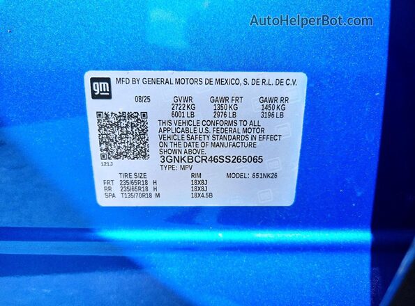 3GNKBCR46SS265065 2025 CHEVROLET BLAZER Blue VIN კოდის სტიკერის ხედი
