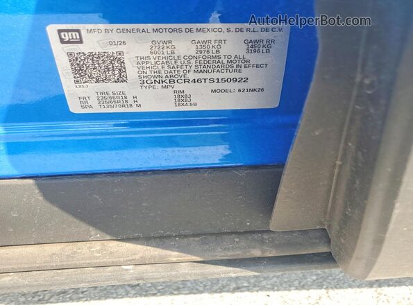 3GNKBCR46TS150922 2026 CHEVROLET BLAZER Blue Вид наклейки з VIN-кодом