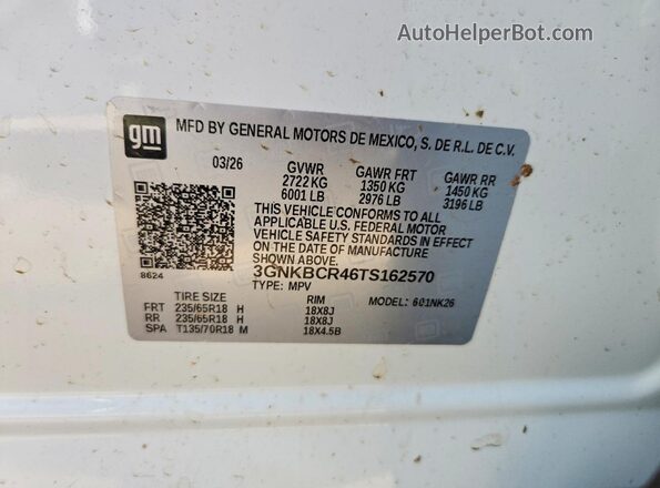 3GNKBCR46TS162570 2026 CHEVROLET BLAZER White Vista de la etiqueta del VIN