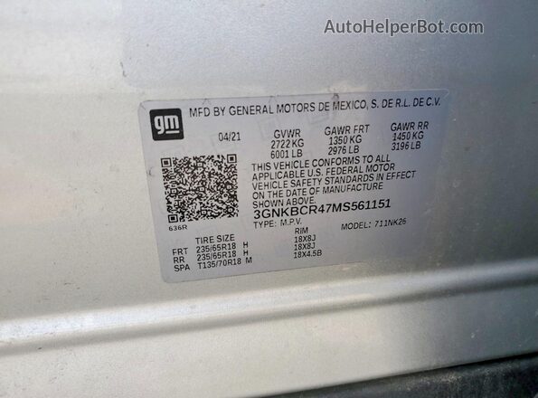 3GNKBCR47MS561151 2021 CHEVROLET BLAZER Silver VIN კოდის სტიკერის ხედი