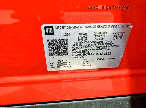 3GNKBCR47SS124151 2025 CHEVROLET BLAZER Оранжевый Вид наклейки с VIN-кодом