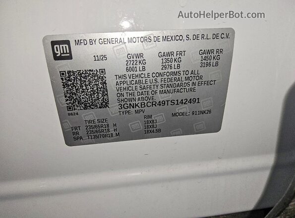 3GNKBCR49TS142491 2026 CHEVROLET BLAZER White VIN sticker view