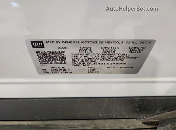 3GNKBCR49TS148596 2026 CHEVROLET BLAZER White Вид наклейки з VIN-кодом