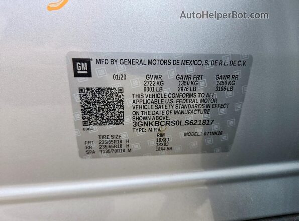 3GNKBCRS0LS621817 2020 CHEVROLET BLAZER Silver Вид підкапотного простору