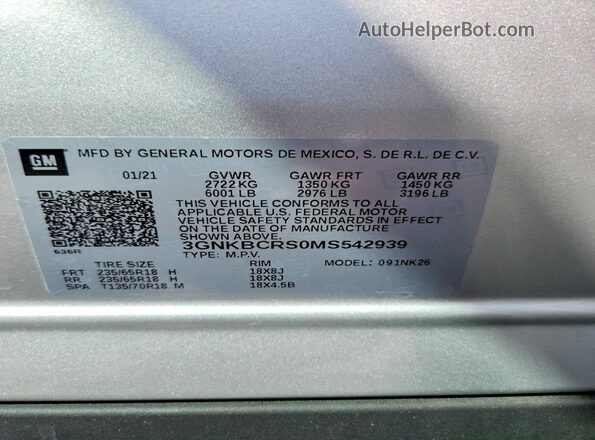 3GNKBCRS0MS542939 2021 CHEVROLET BLAZER Silver Vista de la etiqueta del VIN